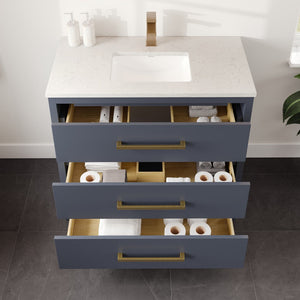 Curio 36 in. Dark Blue Single Sink Bath Vanity with Carrara Quartz Top and Undermount Porcelain Sink
