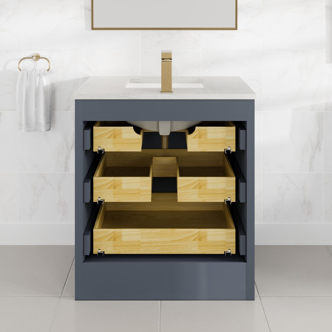 Curio 30 in. Dark Blue Single Sink Bath Vanity with Carrara Quartz Top and Undermount Porcelain Sink