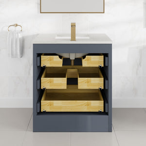 Curio 30 in. Dark Blue Single Sink Bath Vanity with Carrara Quartz Top and Undermount Porcelain Sink