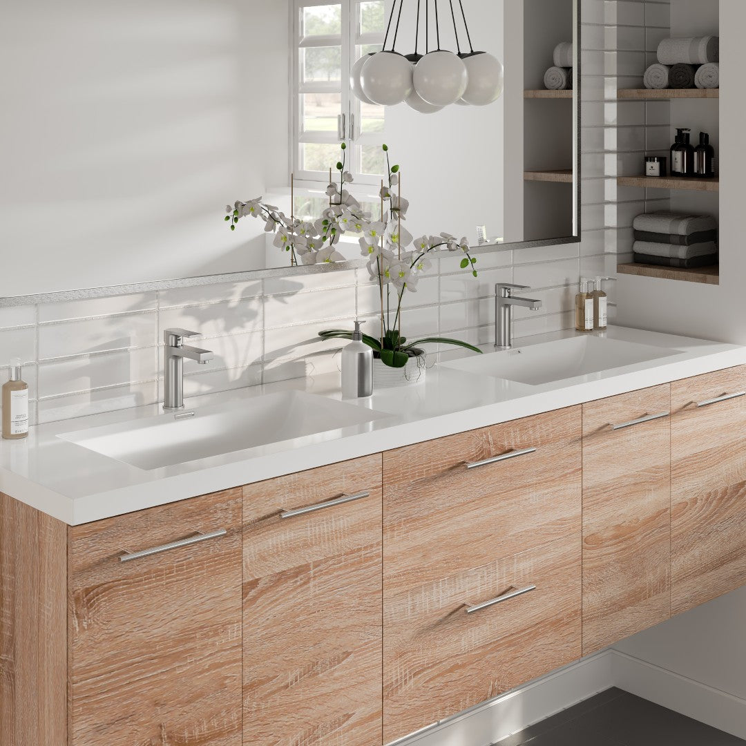 Axis 72 in. White Oak Wall Mount Double Sink  Bath Vanity with Acrylic Top and Integrated Sinks