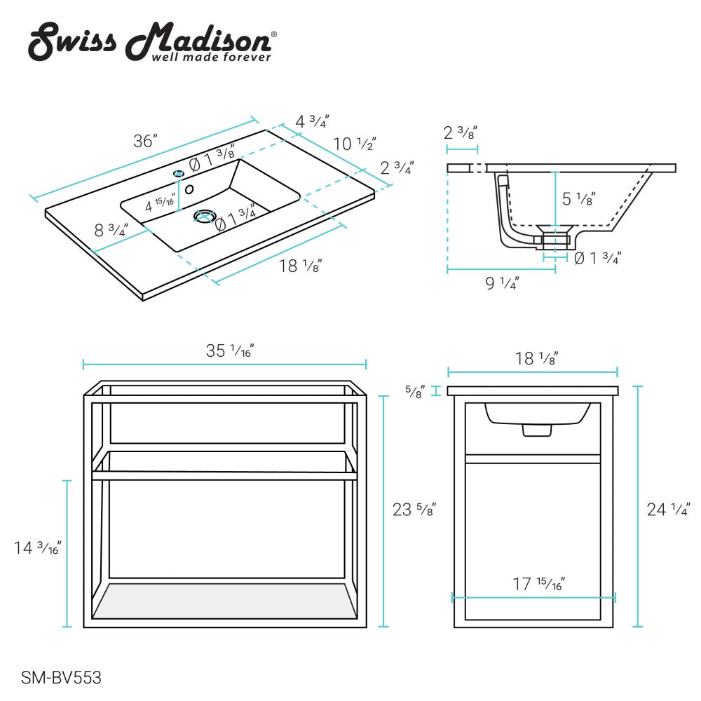 Pierre 36 Single, Metal Frame, Open Shelf, Bathroom Vanity