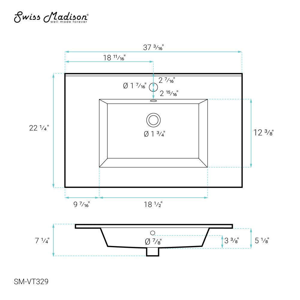 Voltaire 37 Vanity Top Sink with Single Faucet Hole