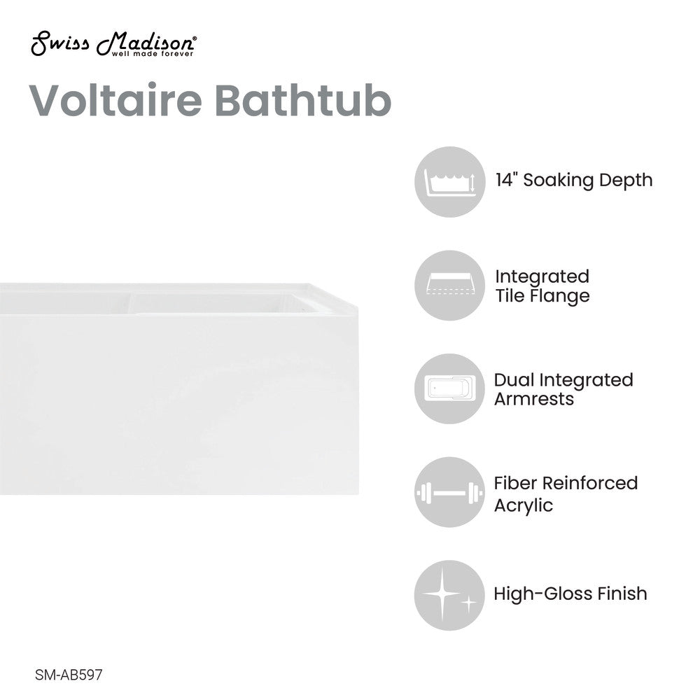 Voltaire 48 x 30" Right-Hand Drain Alcove Integrated Armrest Bathtub with Apron