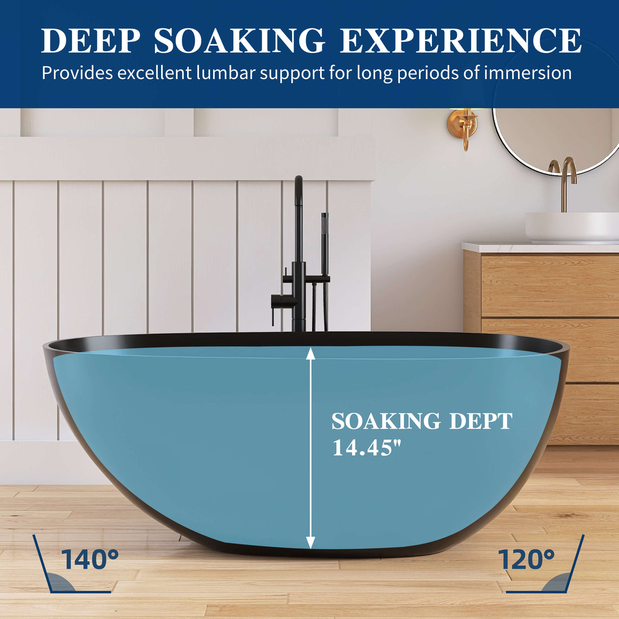 New England Home Goods Kilimanjaro 59" Freestanding Tub in Black - Stone Resin Solid Surface