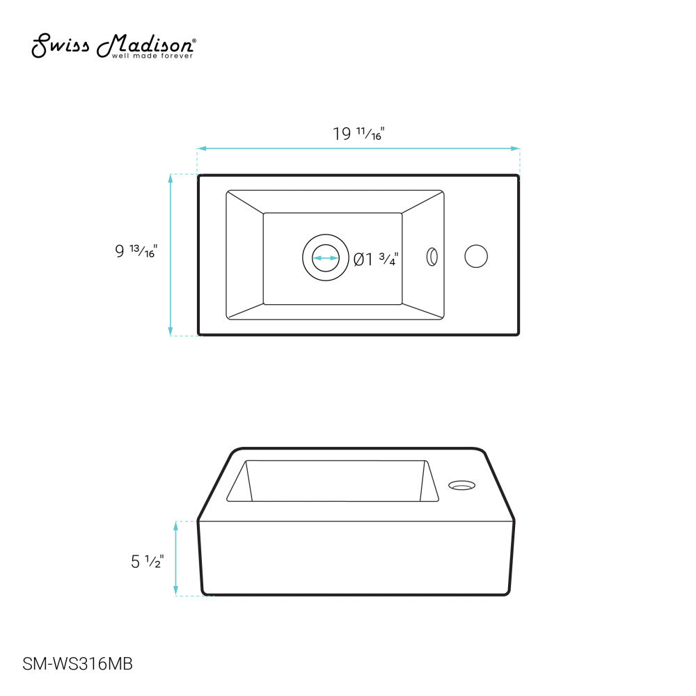 Voltaire 19.5 x 10 Rectangular Ceramic Wall Hung Sink with Right Side Faucet Mount, Matte Black