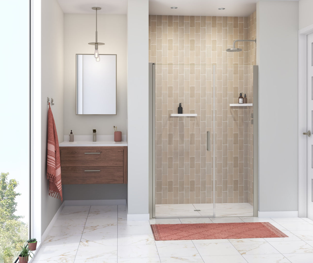 MAAX 138274-900-305-100 Manhattan 51-53 x 68 in. 6 mm Pivot Shower Door for Alcove Installation with Clear glass & Round Handle in Brushed Nickel
