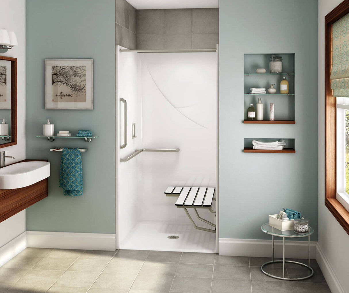 Aker OPS-3636-RS AcrylX Alcove Center Drain One-Piece Shower in Thunder Grey - L-shaped and Vertical Grab Bar and Seat
