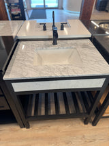 30" Metal Frame Vanity with Marble Fronts with Marble Top, China Sink, and Matte Black Waterfall Faucet