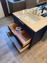 36" Navy Vanity Set with Tan Marble Vanity Top with Brass Widespread Faucet