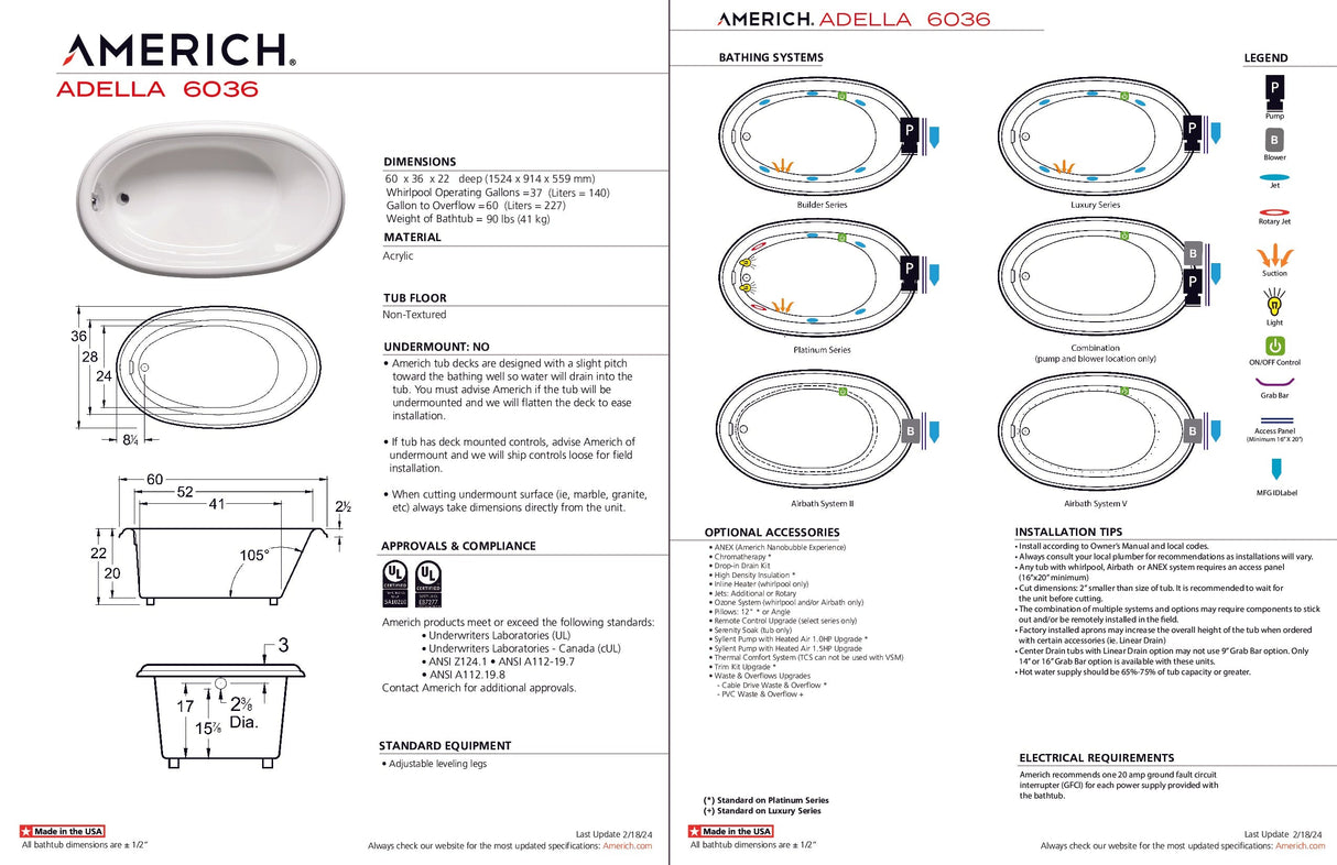 Americh AD6036TA2-BI Adella 6036 - Tub Only / Airbath 2 - Biscuit