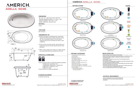 Americh AD6036TA2-BI Adella 6036 - Tub Only / Airbath 2 - Biscuit