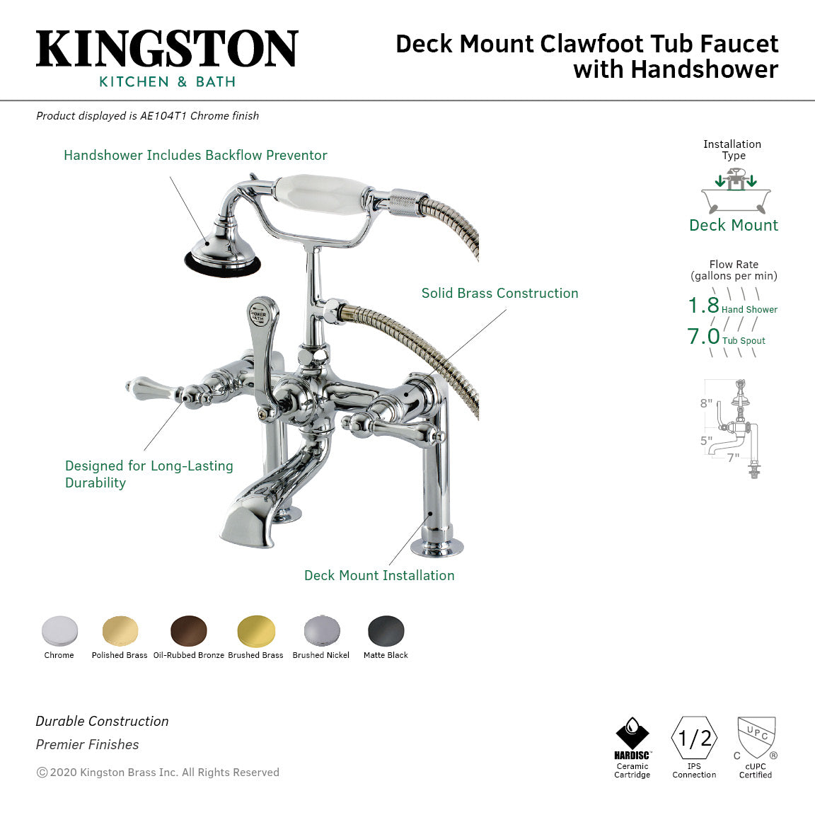 Aqua Vintage AE103T0 Three-Handle 2-Hole Deck Mount Clawfoot Tub Faucet with Hand Shower, Matte Black