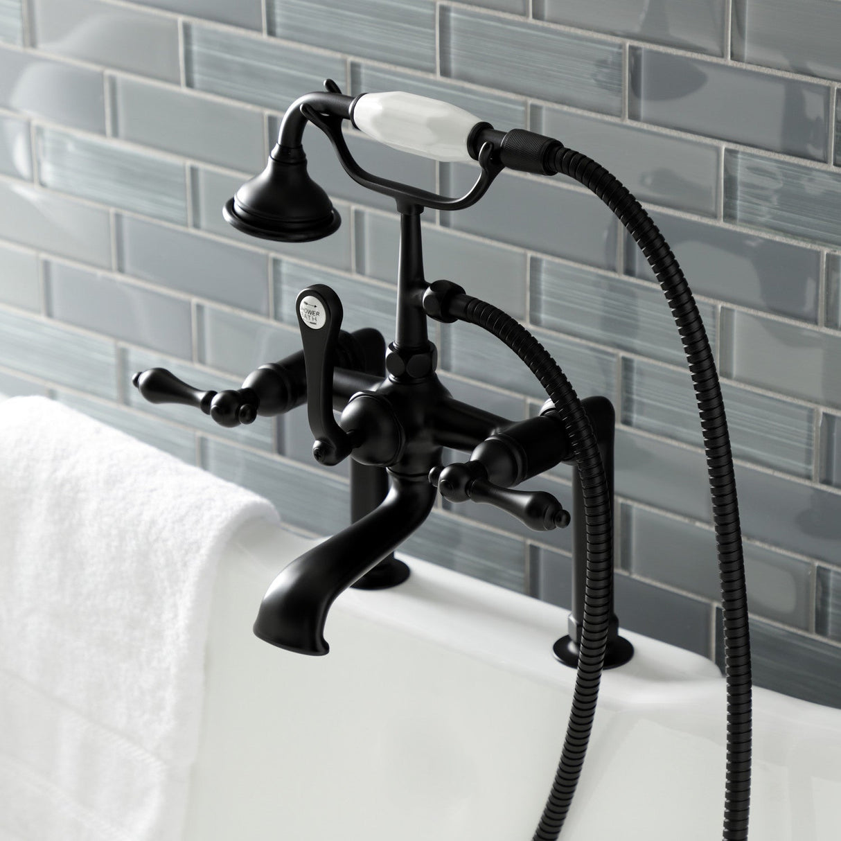 Aqua Vintage AE103T0 Three-Handle 2-Hole Deck Mount Clawfoot Tub Faucet with Hand Shower, Matte Black