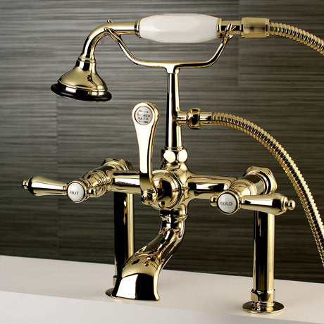 Heirloom AE103T2BAL Three-Handle 2-Hole Deck Mount Clawfoot Tub Faucet with Hand Shower, Polished Brass