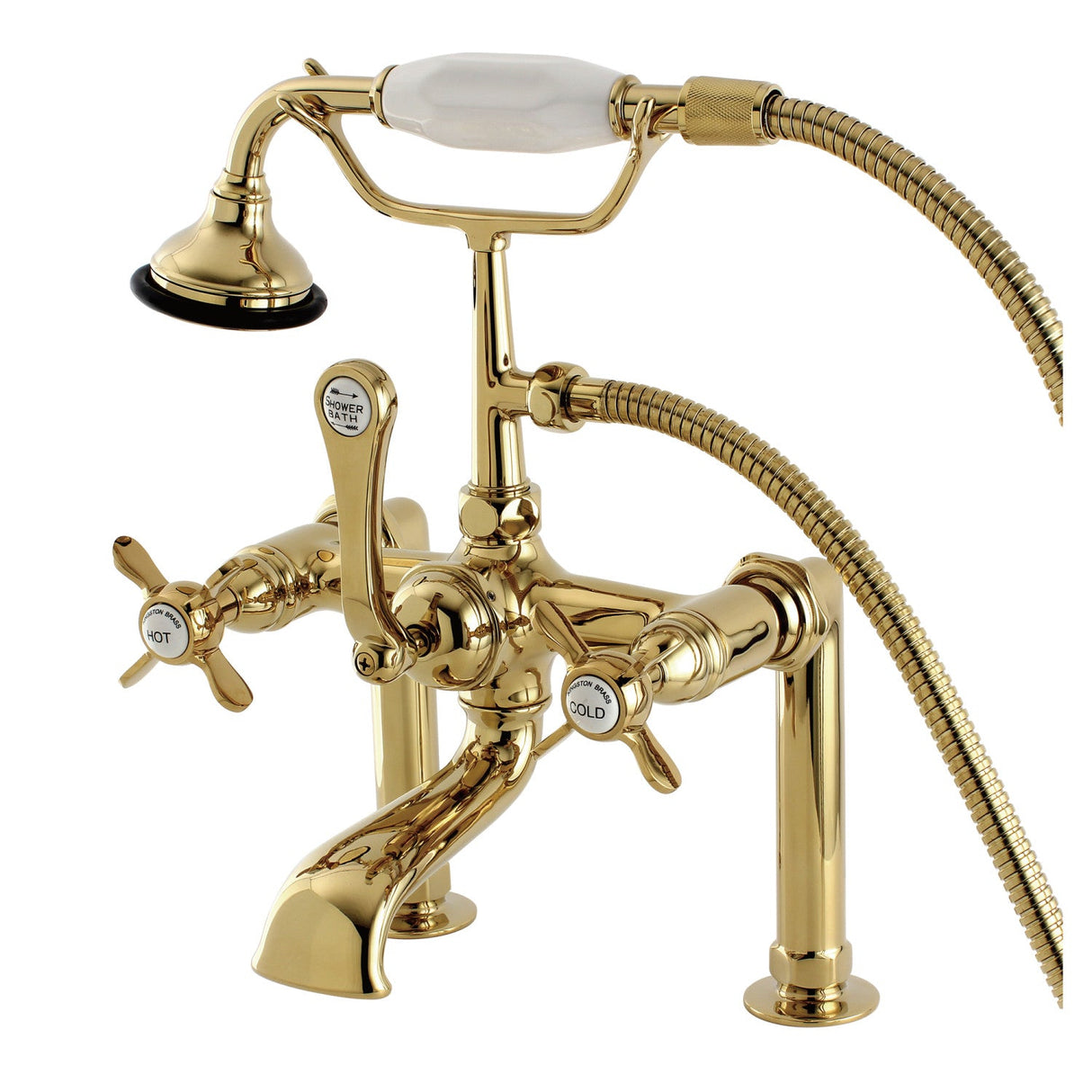 Essex AE103T2BEX Three-Handle 2-Hole Deck Mount Clawfoot Tub Faucet with Hand Shower, Polished Brass