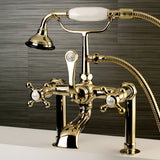 English Country AE103T2BX Three-Handle 2-Hole Deck Mount Clawfoot Tub Faucet with Hand Shower, Polished Brass