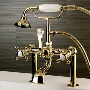 English Country AE103T2BX Three-Handle 2-Hole Deck Mount Clawfoot Tub Faucet with Hand Shower, Polished Brass