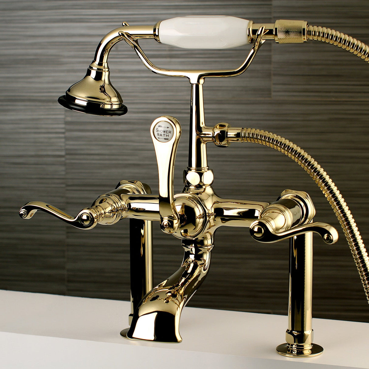 Royale AE103T2FL Three-Handle 2-Hole Deck Mount Clawfoot Tub Faucet with Hand Shower, Polished Brass