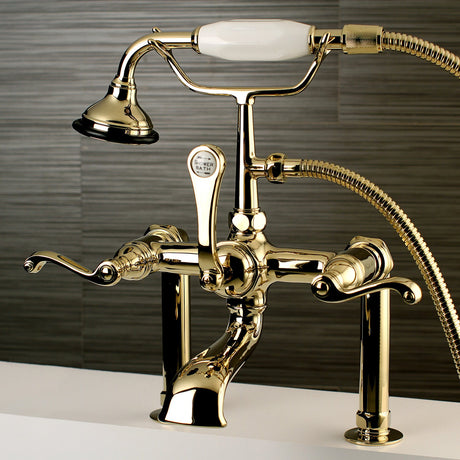 Royale AE103T2FL Three-Handle 2-Hole Deck Mount Clawfoot Tub Faucet with Hand Shower, Polished Brass