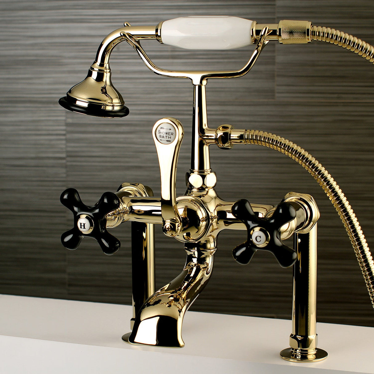 Duchess AE103T2PKX Three-Handle 2-Hole Deck Mount Clawfoot Tub Faucet with Hand Shower, Polished Brass