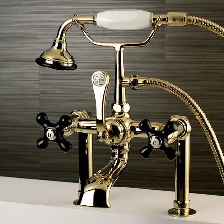 Duchess AE103T2PKX Three-Handle 2-Hole Deck Mount Clawfoot Tub Faucet with Hand Shower, Polished Brass