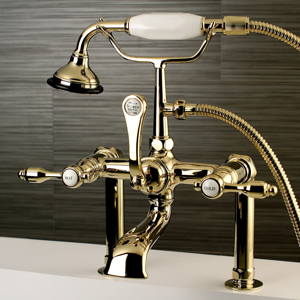 Tudor AE103T2TAL Three-Handle 2-Hole Deck Mount Clawfoot Tub Faucet with Hand Shower, Polished Brass