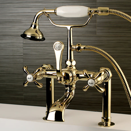French Country AE103T2TX Three-Handle 2-Hole Deck Mount Clawfoot Tub Faucet with Hand Shower, Polished Brass