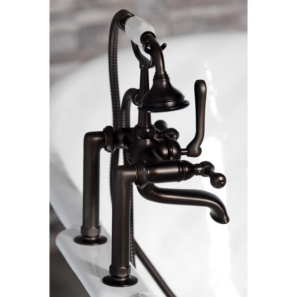 Aqua Vintage AE103T5 Three-Handle 2-Hole Deck Mount Clawfoot Tub Faucet with Hand Shower, Oil Rubbed Bronze