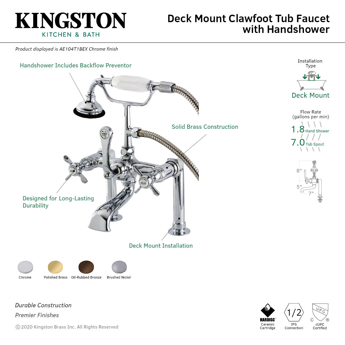 Essex AE103T5BEX Three-Handle 2-Hole Deck Mount Clawfoot Tub Faucet with Hand Shower, Oil Rubbed Bronze