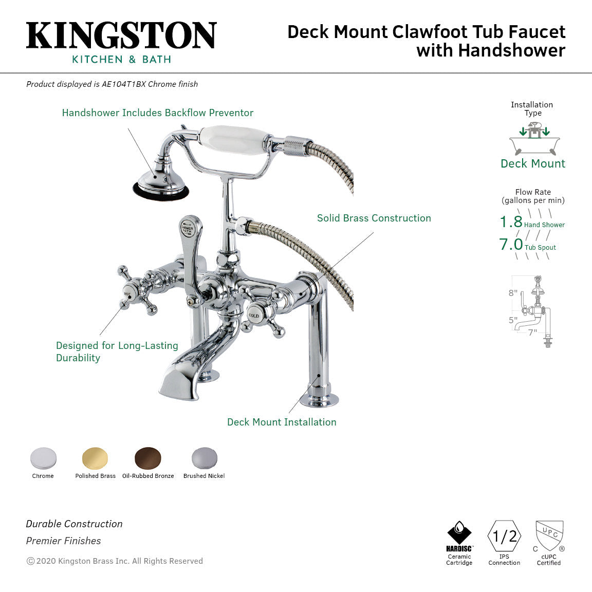 English Country AE103T5BX Three-Handle 2-Hole Deck Mount Clawfoot Tub Faucet with Hand Shower, Oil Rubbed Bronze