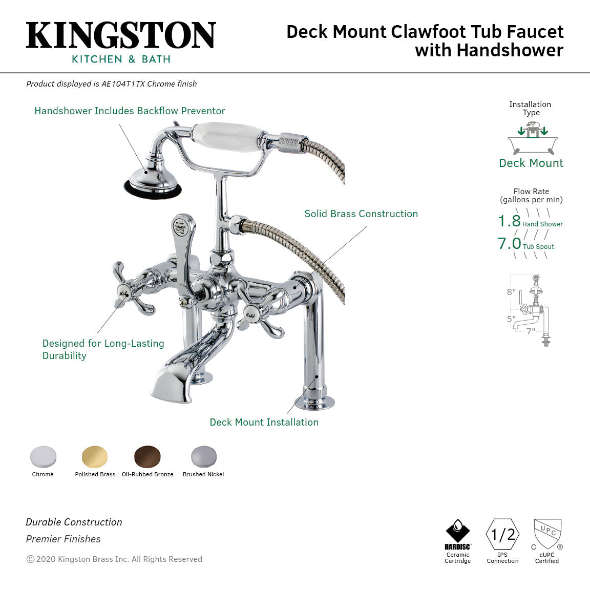 French Country AE103T5TX Three-Handle 2-Hole Deck Mount Clawfoot Tub Faucet with Hand Shower, Oil Rubbed Bronze