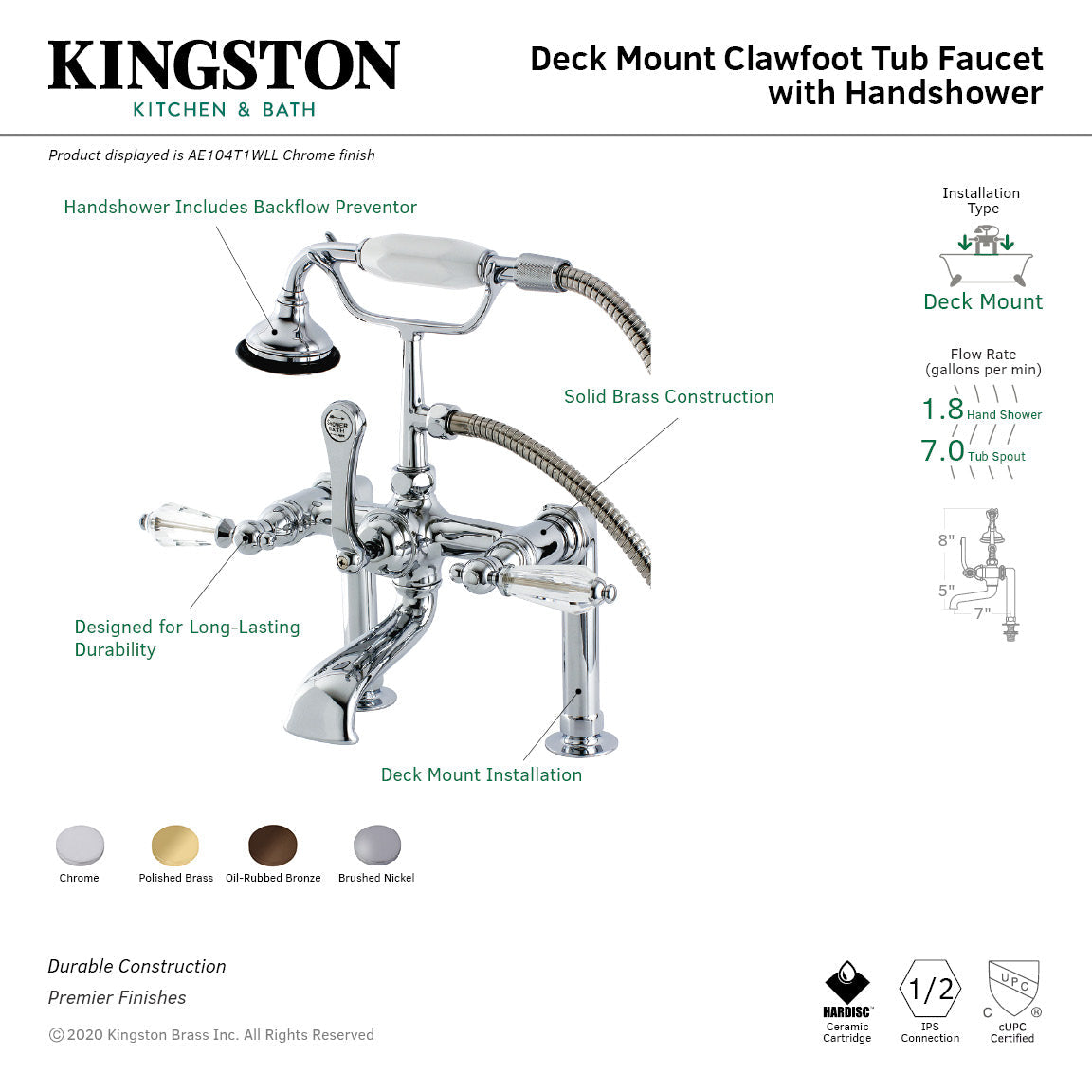 Wilshire AE103T5WLL Three-Handle 2-Hole Deck Mount Clawfoot Tub Faucet with Hand Shower, Oil Rubbed Bronze