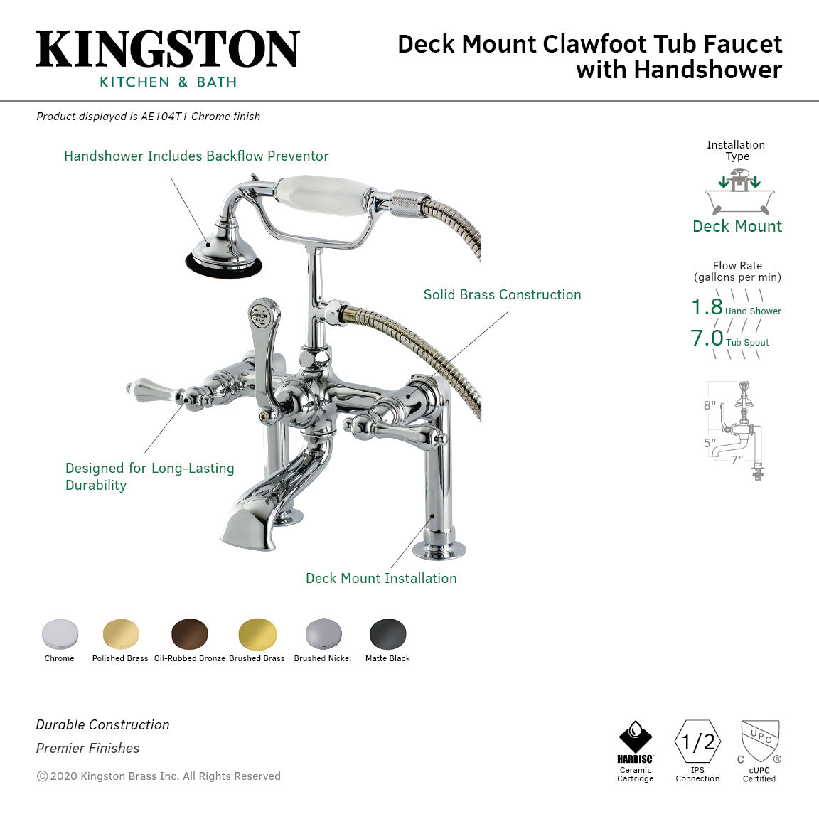 Aqua Vintage AE103T8 Three-Handle 2-Hole Deck Mount Clawfoot Tub Faucet with Hand Shower, Brushed Nickel