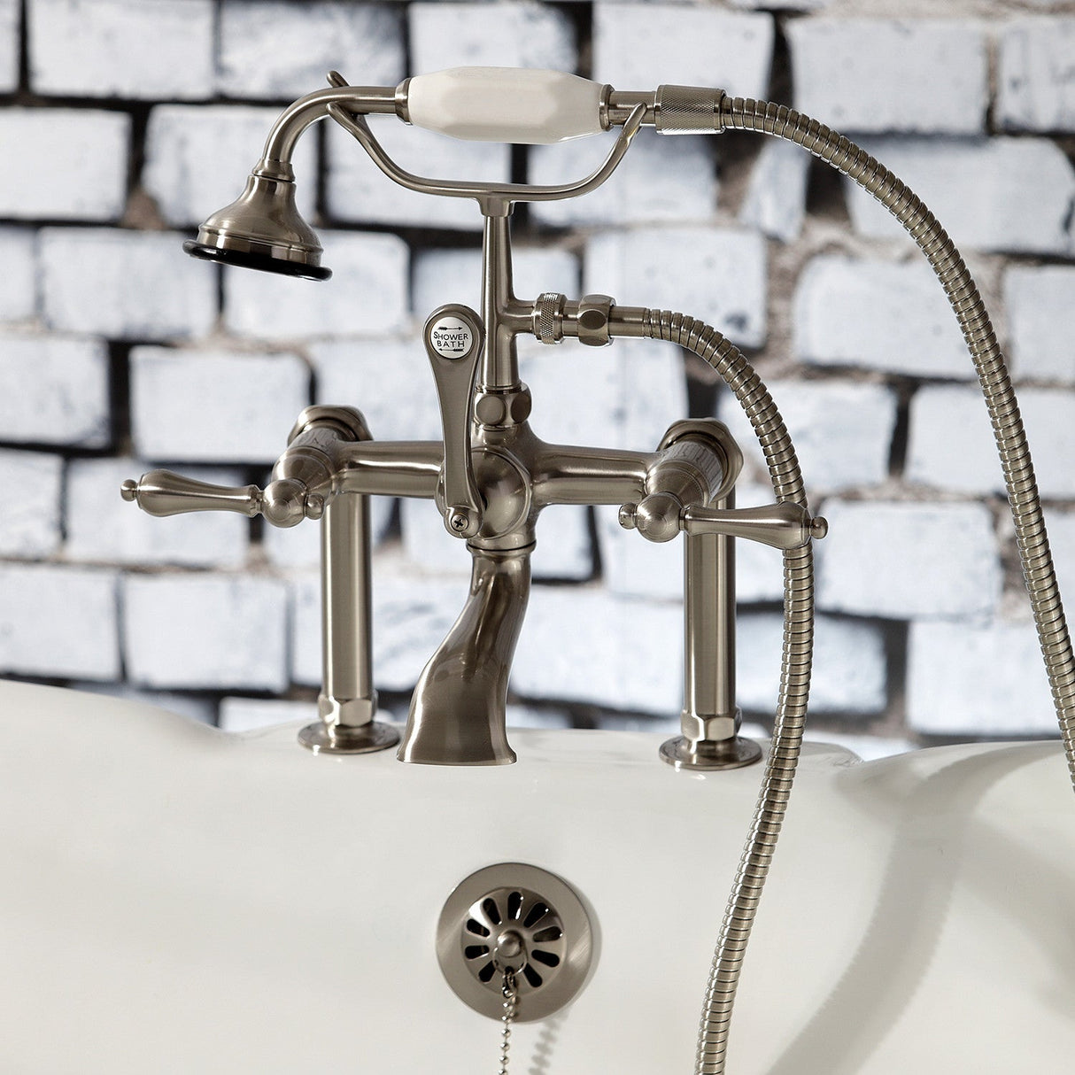 Aqua Vintage AE103T8 Three-Handle 2-Hole Deck Mount Clawfoot Tub Faucet with Hand Shower, Brushed Nickel