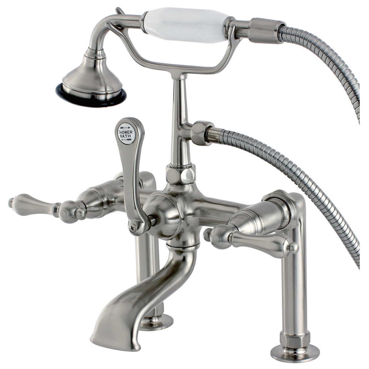 Aqua Vintage AE103T8 Three-Handle 2-Hole Deck Mount Clawfoot Tub Faucet with Hand Shower, Brushed Nickel