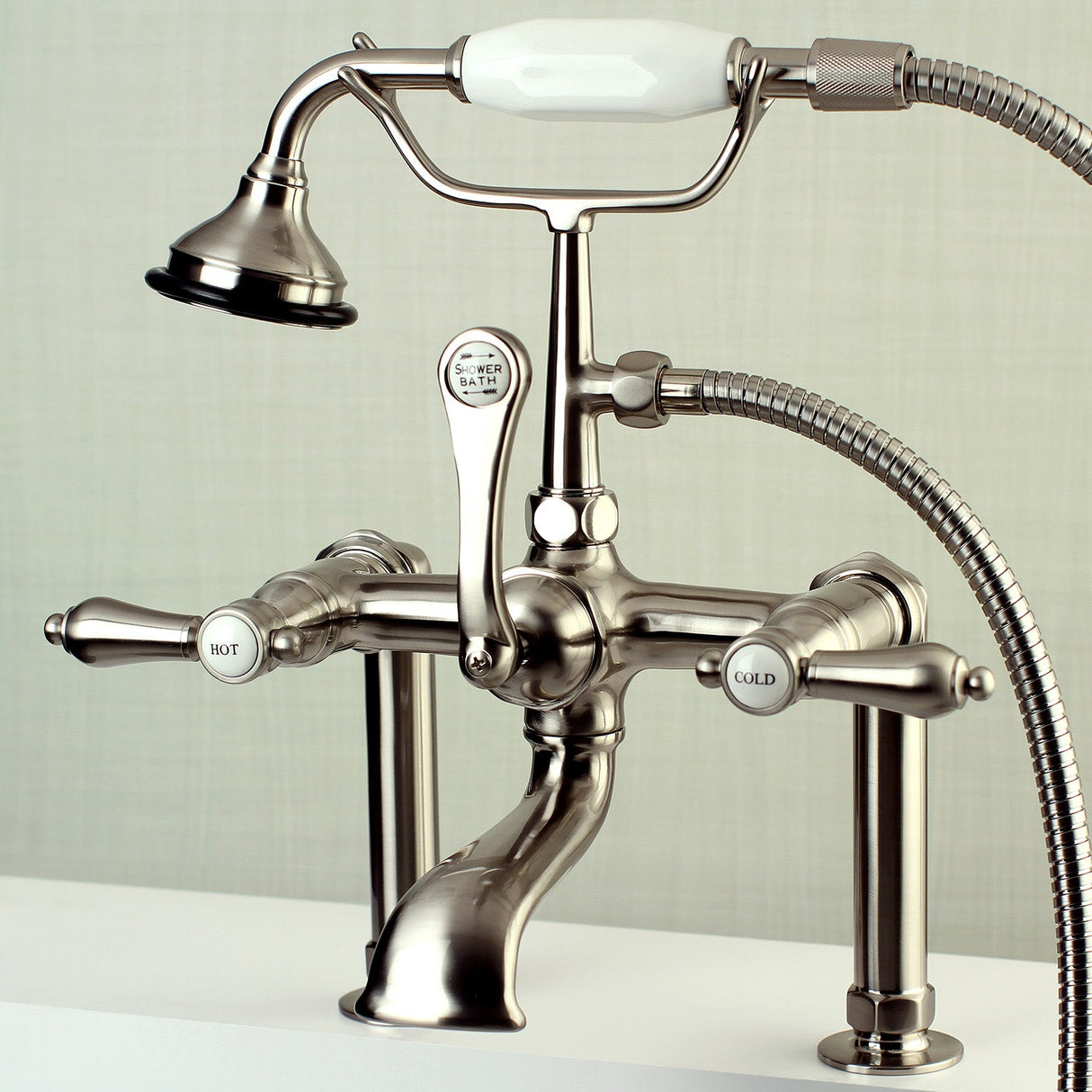 Heirloom AE103T8BAL Three-Handle 2-Hole Deck Mount Clawfoot Tub Faucet with Hand Shower, Brushed Nickel