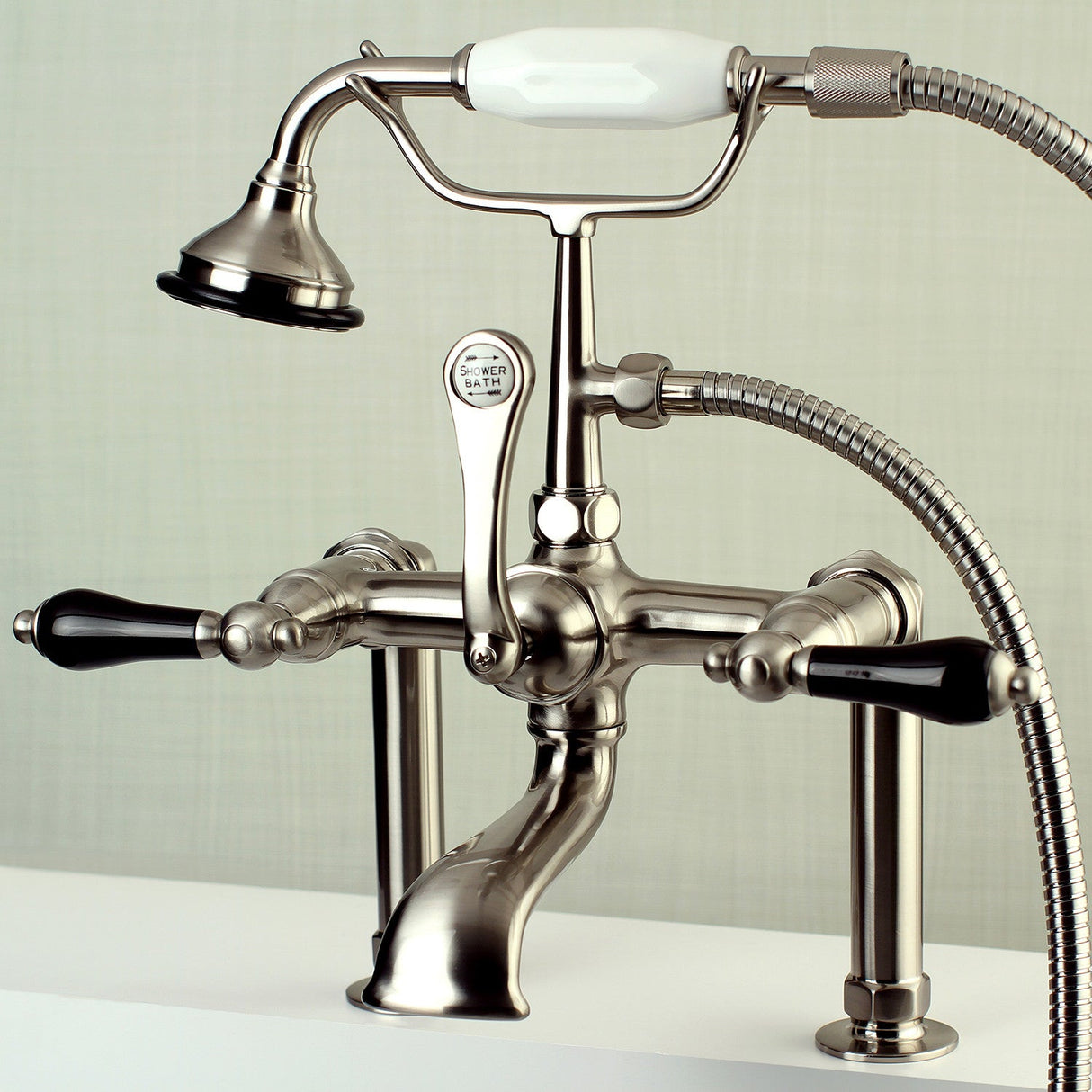 Duchess AE103T8PKL Three-Handle 2-Hole Deck Mount Clawfoot Tub Faucet with Hand Shower, Brushed Nickel