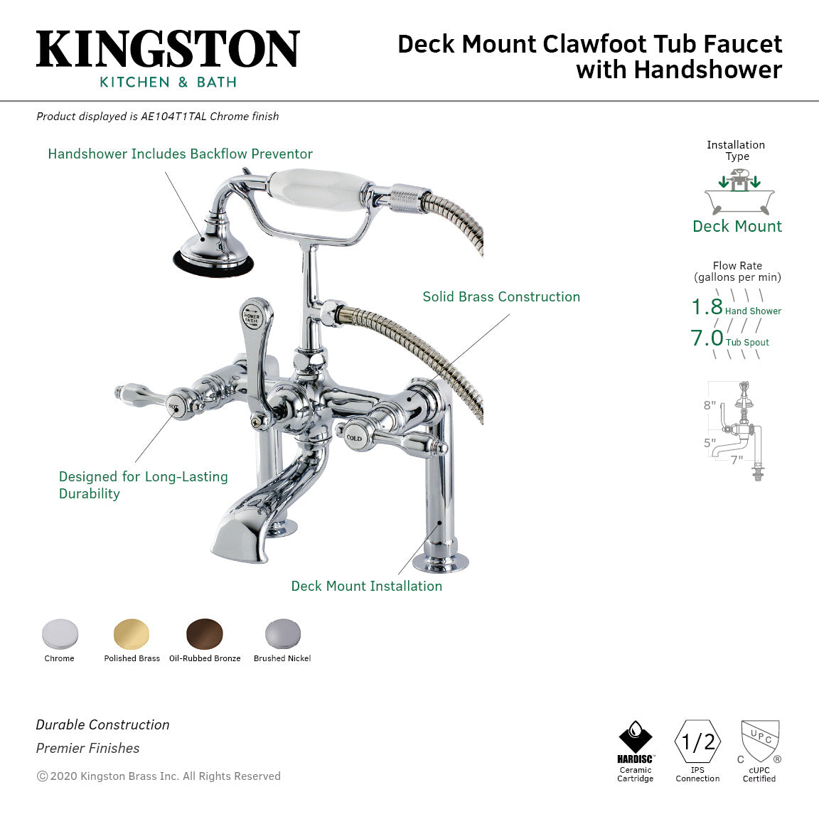 Tudor AE103T8TAL Three-Handle 2-Hole Deck Mount Clawfoot Tub Faucet with Hand Shower, Brushed Nickel