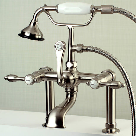 Tudor AE103T8TAL Three-Handle 2-Hole Deck Mount Clawfoot Tub Faucet with Hand Shower, Brushed Nickel