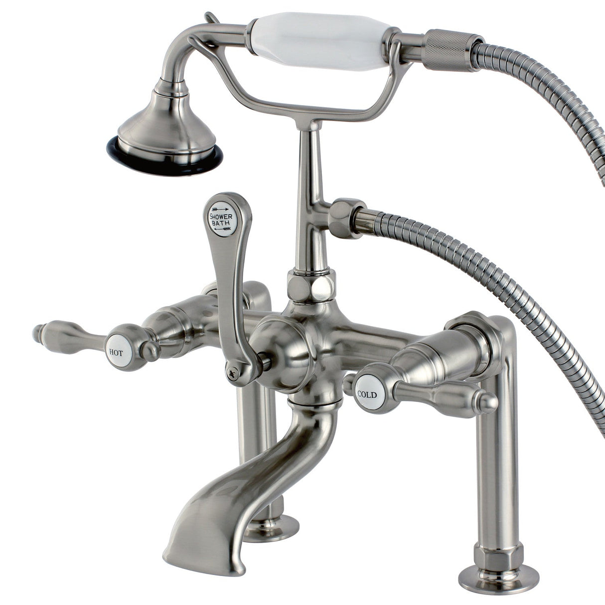 Tudor AE103T8TAL Three-Handle 2-Hole Deck Mount Clawfoot Tub Faucet with Hand Shower, Brushed Nickel
