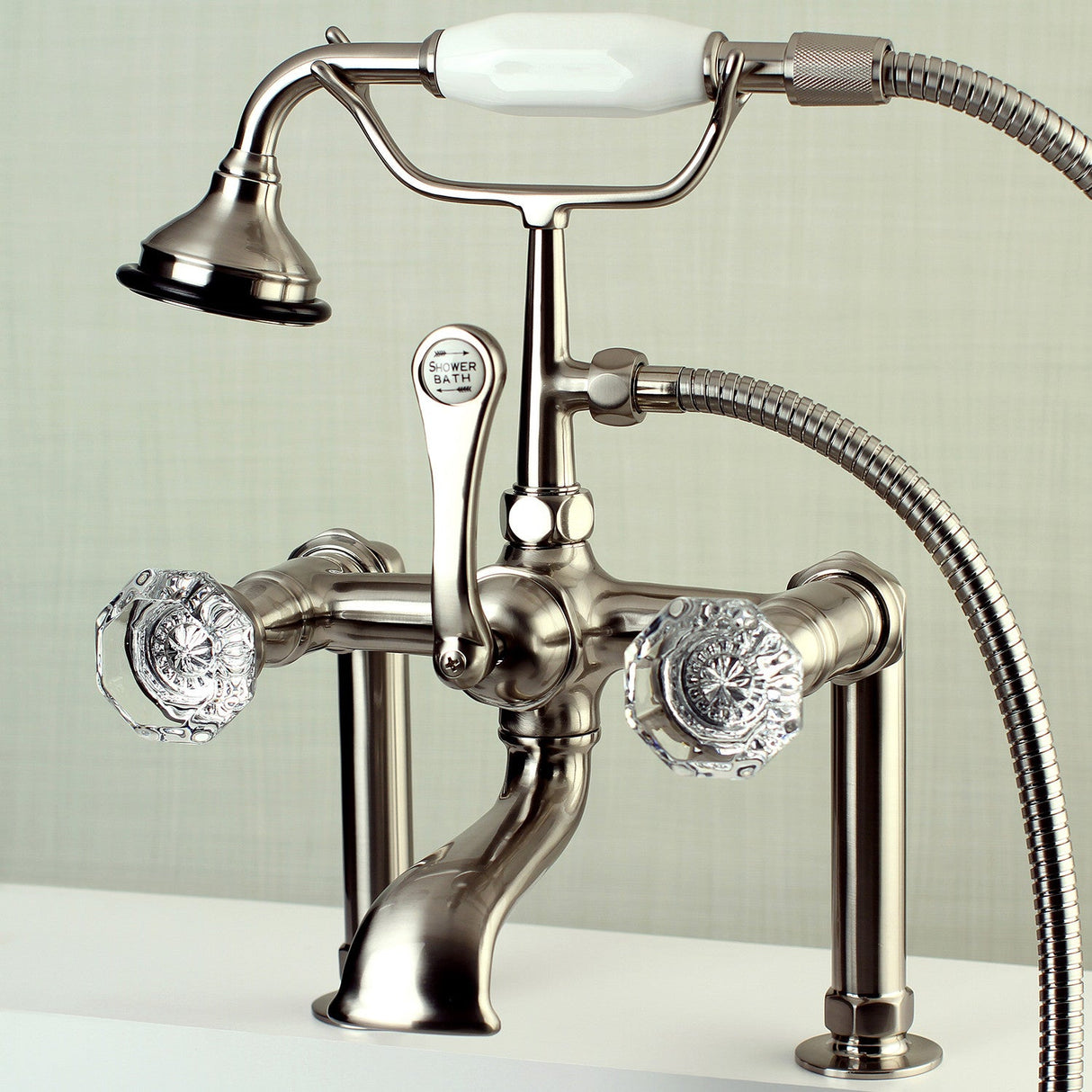 Celebrity AE103T8WCL Three-Handle 2-Hole Deck Mount Clawfoot Tub Faucet with Hand Shower, Brushed Nickel