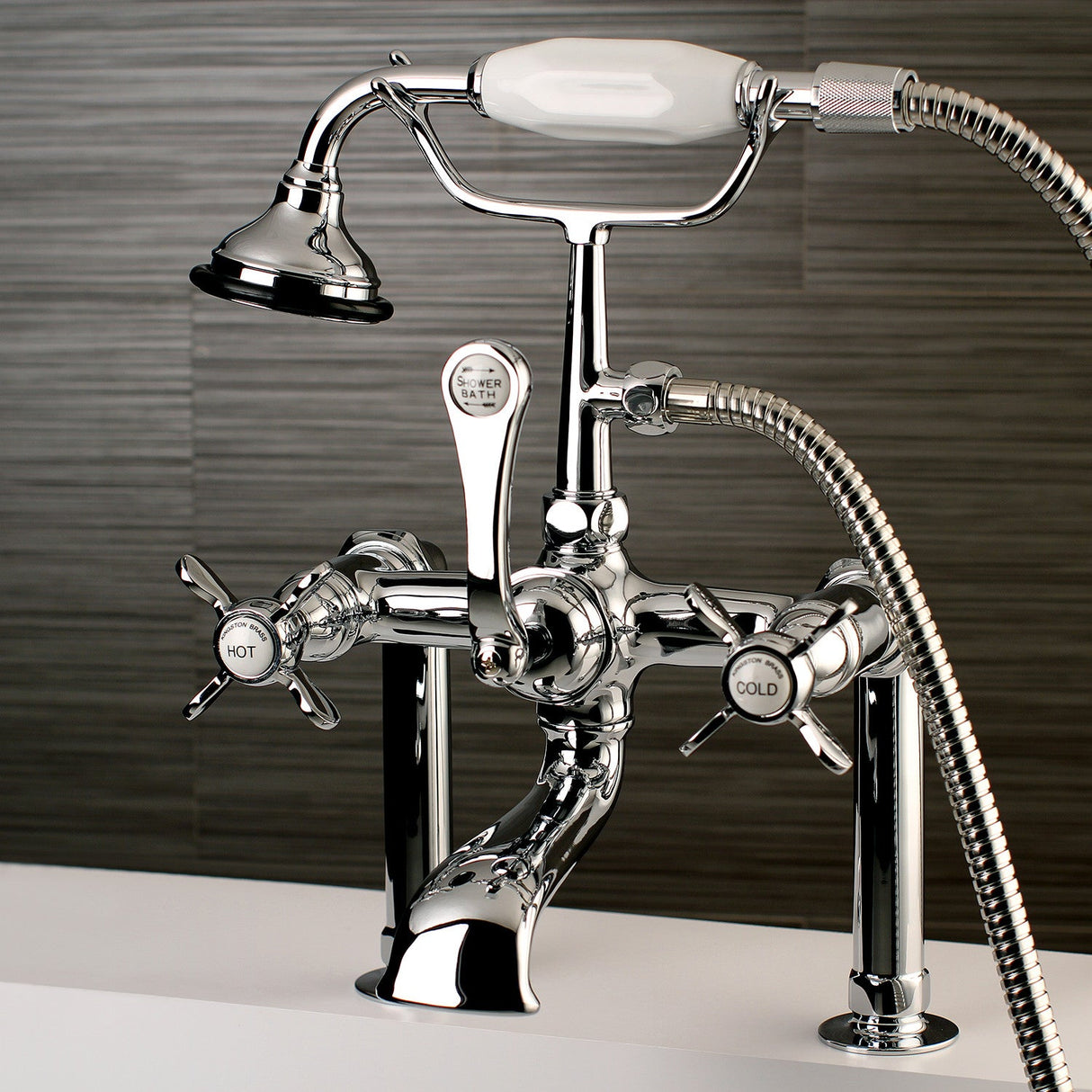 Essex AE104T1BEX Three-Handle 2-Hole Deck Mount Clawfoot Tub Faucet with Hand Shower, Polished Chrome