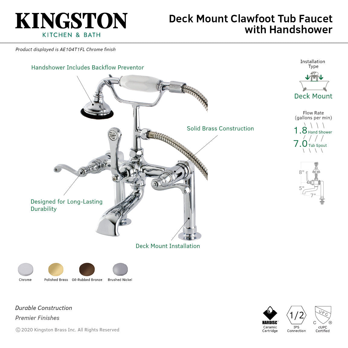 Royale AE104T1FL Three-Handle 2-Hole Deck Mount Clawfoot Tub Faucet with Hand Shower, Polished Chrome