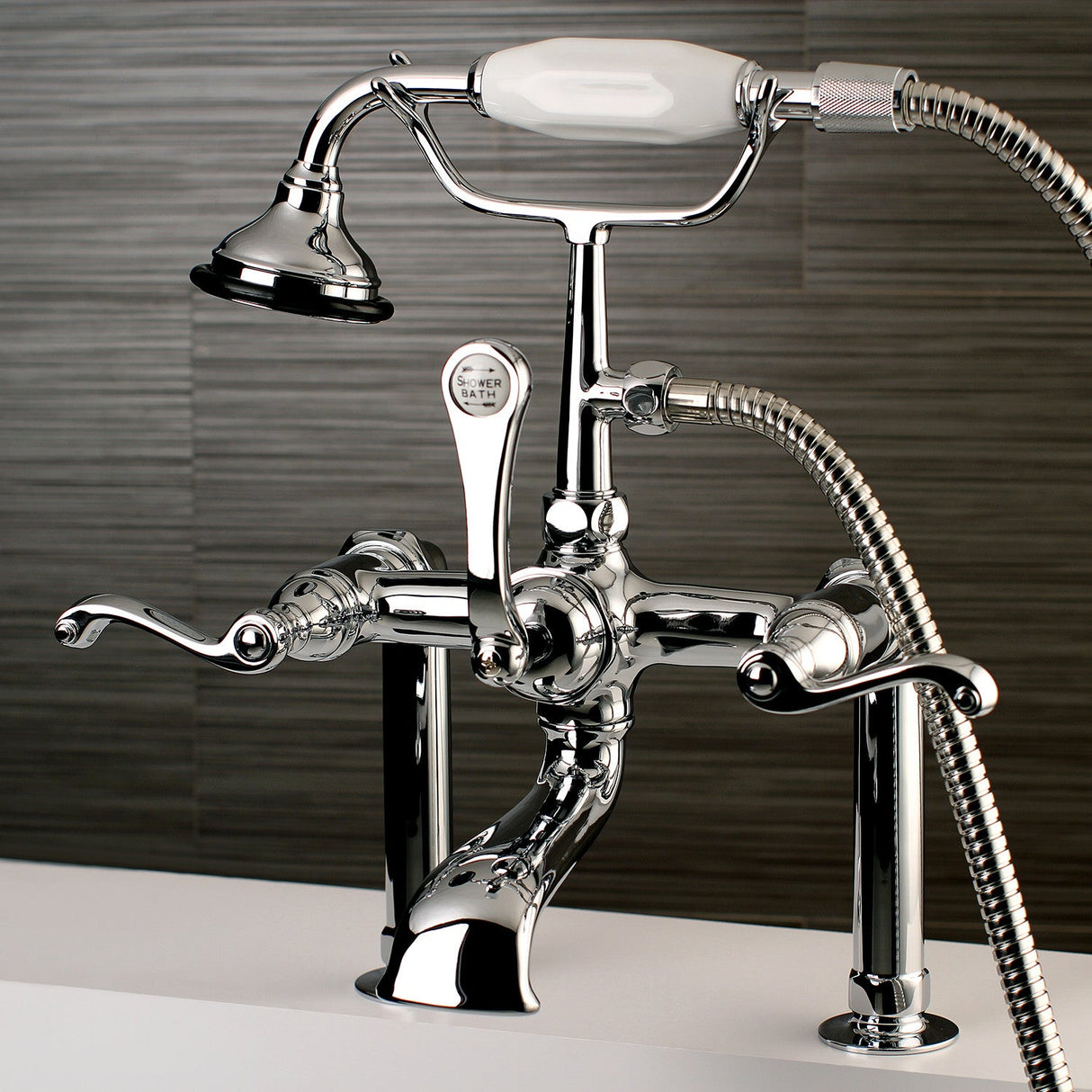 Royale AE104T1FL Three-Handle 2-Hole Deck Mount Clawfoot Tub Faucet with Hand Shower, Polished Chrome