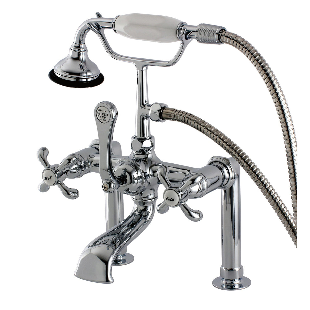 French Country AE104T1TX Three-Handle 2-Hole Deck Mount Clawfoot Tub Faucet with Hand Shower, Polished Chrome