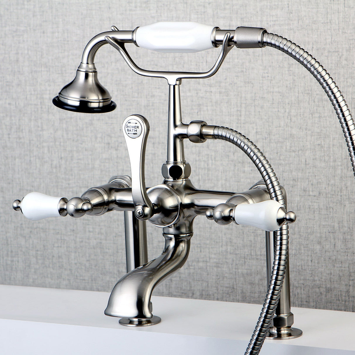 Aqua Vintage AE105T8 Three-Handle 2-Hole Deck Mount Clawfoot Tub Faucet with Hand Shower, Brushed Nickel