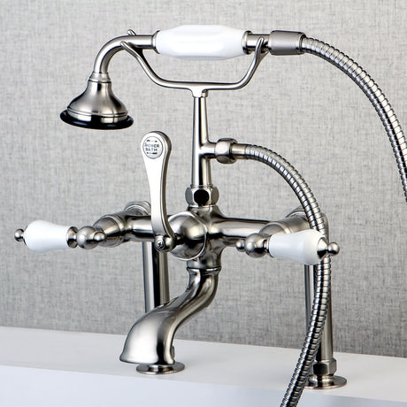 Aqua Vintage AE105T8 Three-Handle 2-Hole Deck Mount Clawfoot Tub Faucet with Hand Shower, Brushed Nickel
