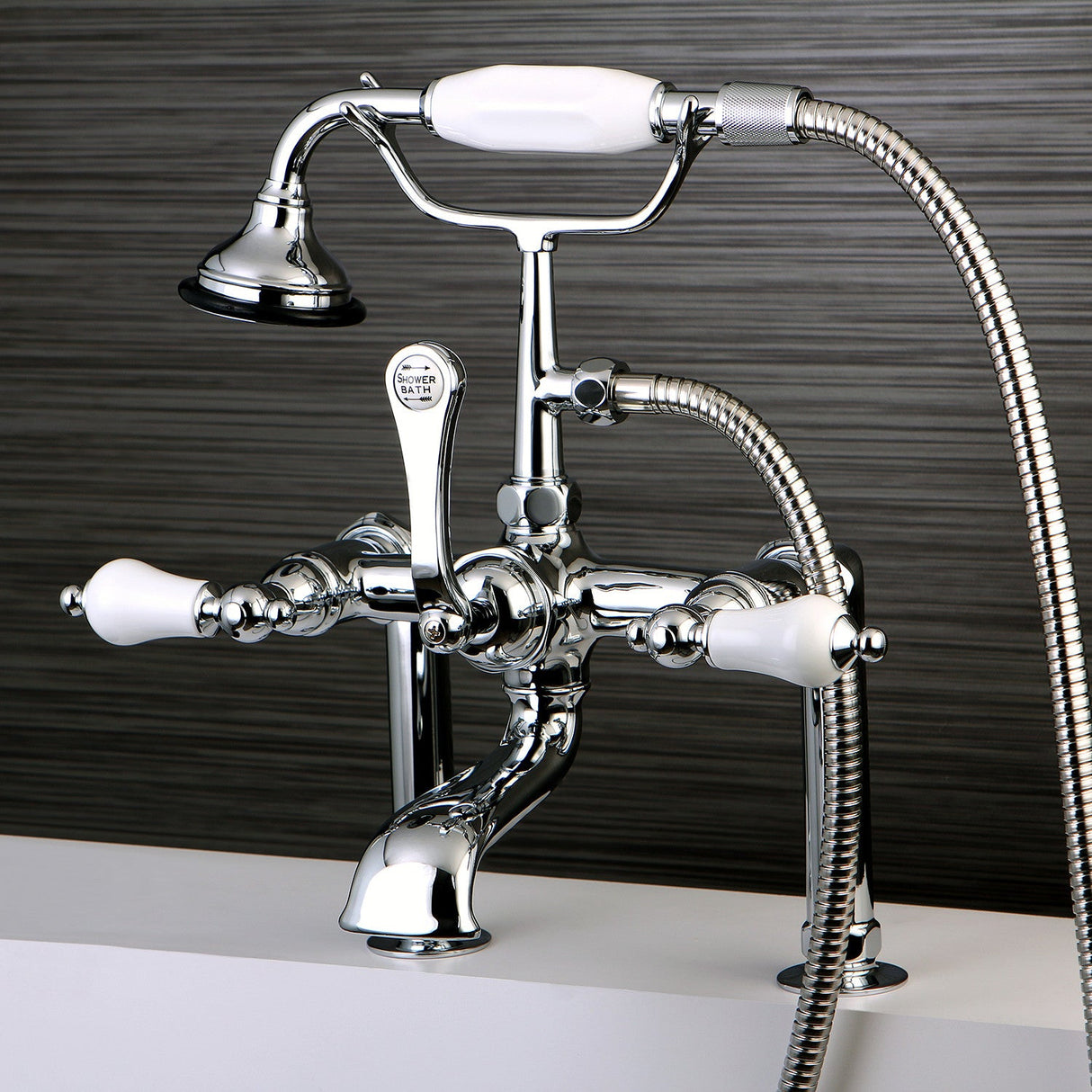 Aqua Vintage AE106T1 Three-Handle 2-Hole Deck Mount Clawfoot Tub Faucet with Hand Shower, Polished Chrome