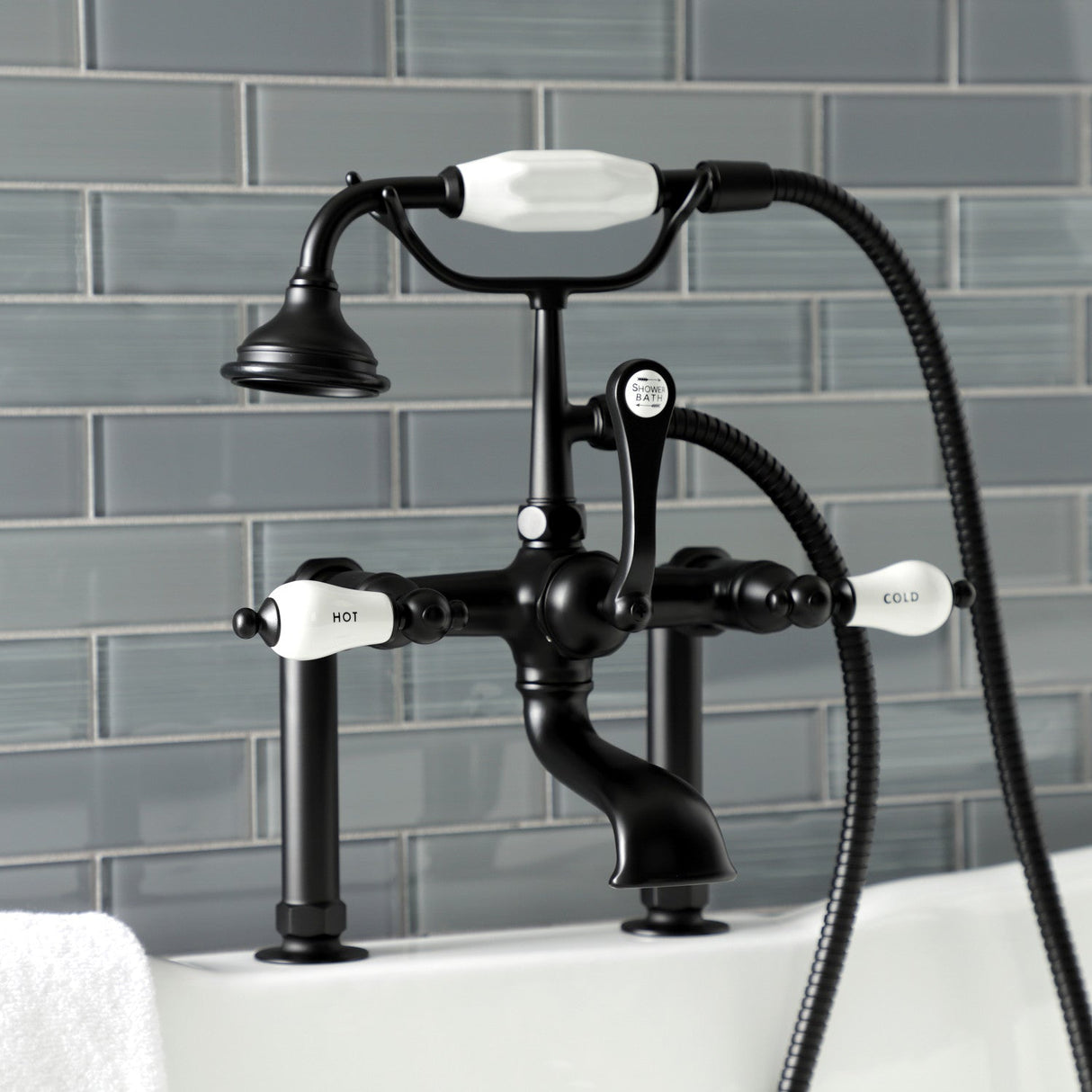 Aqua Vintage AE107T0 Three-Handle 2-Hole Deck Mount Clawfoot Tub Faucet with Hand Shower, Matte Black