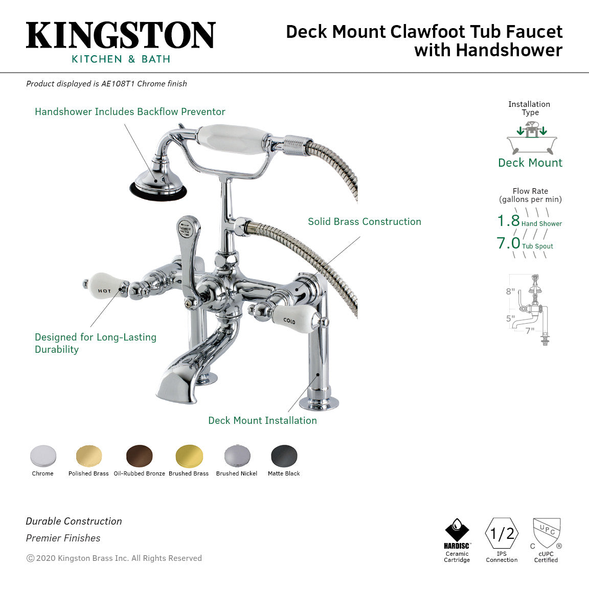 Aqua Vintage AE107T7 Three-Handle 2-Hole Deck Mount Clawfoot Tub Faucet with Hand Shower, Brushed Brass